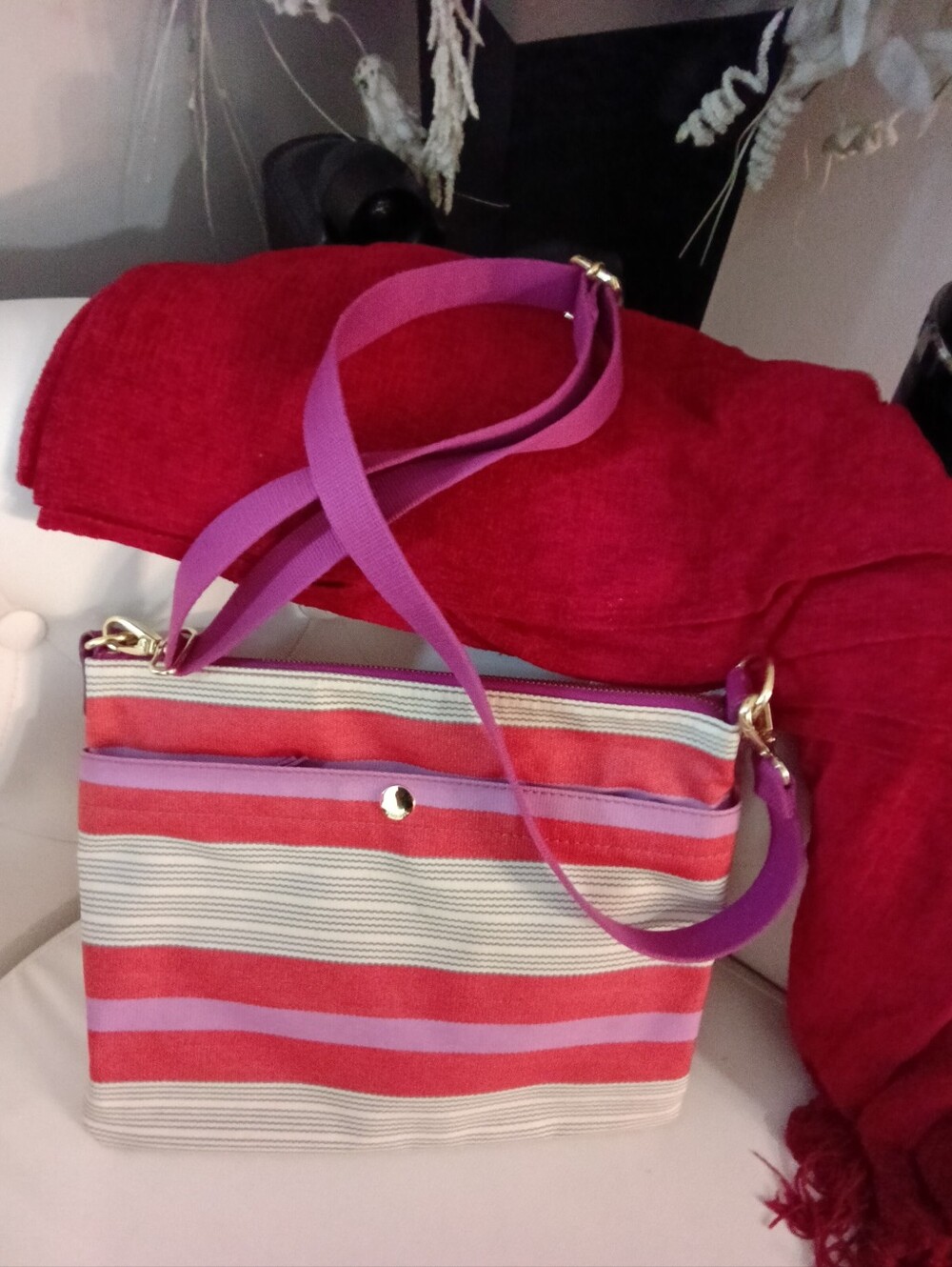 Fossil Striped Crossbody Shoulder Bag in Pink, Orange and Purple - Picture 3 of 11